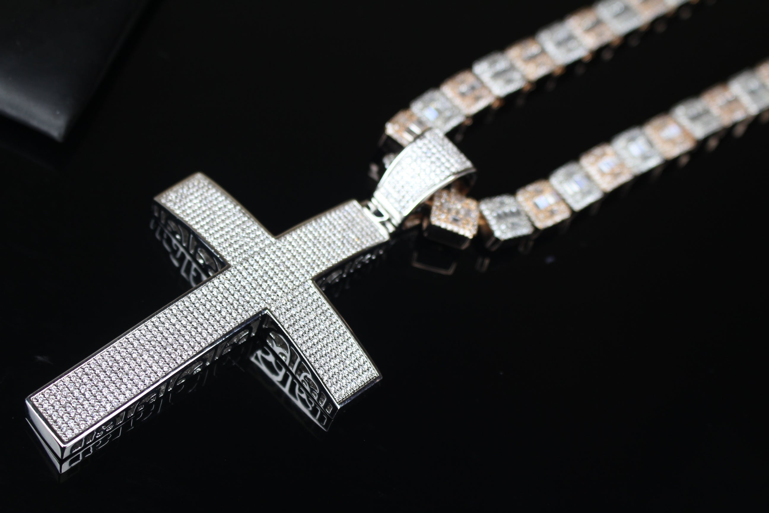 XL Cross Pendant 10mm Baguette Square Cushion-Cut Tennis Chain 144.6ct Lab Sim VVS1 Diamond Necklace - Rose/Silver