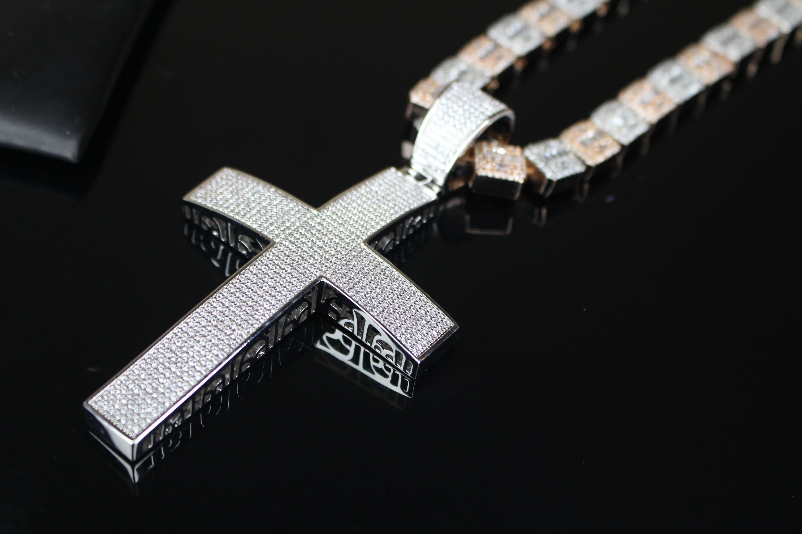 XL Cross Pendant 10mm Baguette Square Cushion-Cut Tennis Chain 144.6ct Lab Sim VVS1 Diamond Necklace - Rose/Silver