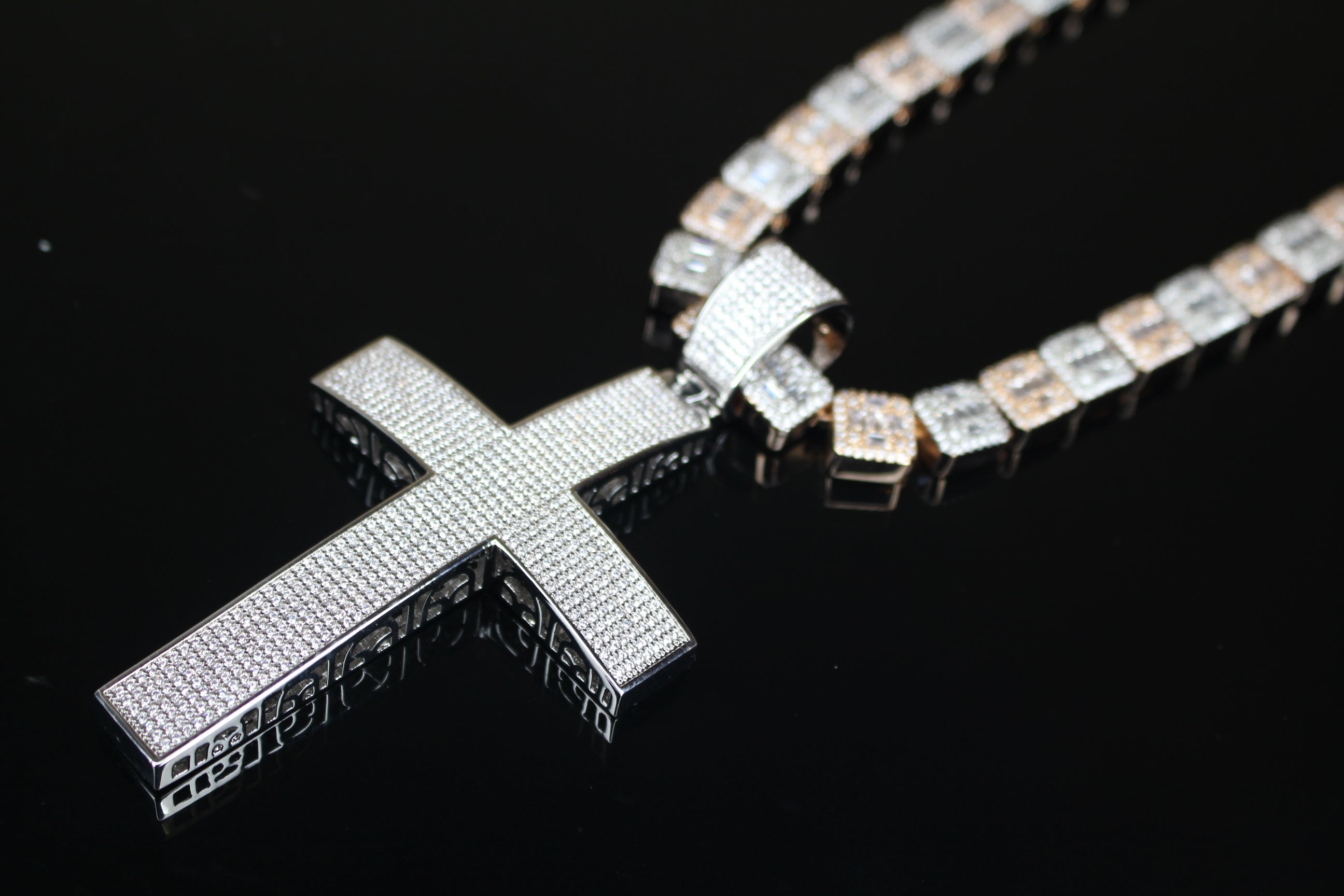XL Cross Pendant 10mm Baguette Square Cushion-Cut Tennis Chain 144.6ct Lab Sim VVS1 Diamond Necklace - Rose/Silver