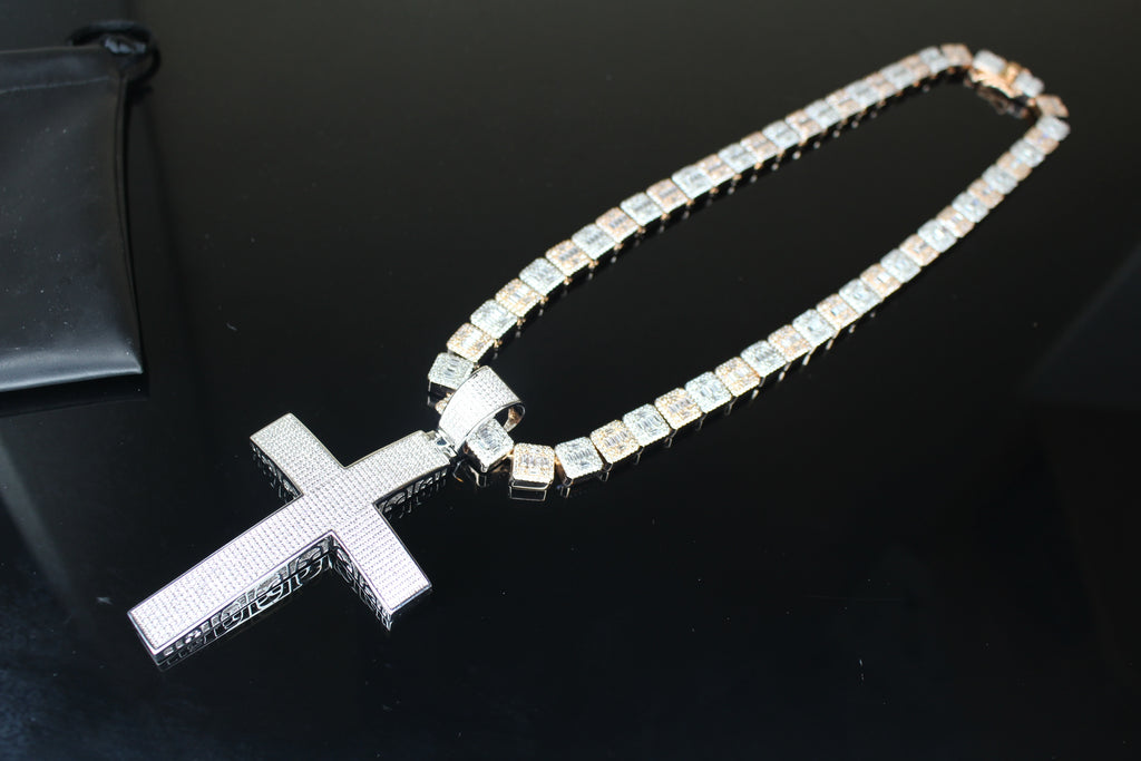 XL Cross Pendant 10mm Baguette Square Cushion-Cut Tennis Chain 144.6ct Lab Sim VVS1 Diamond Necklace - Rose/Silver