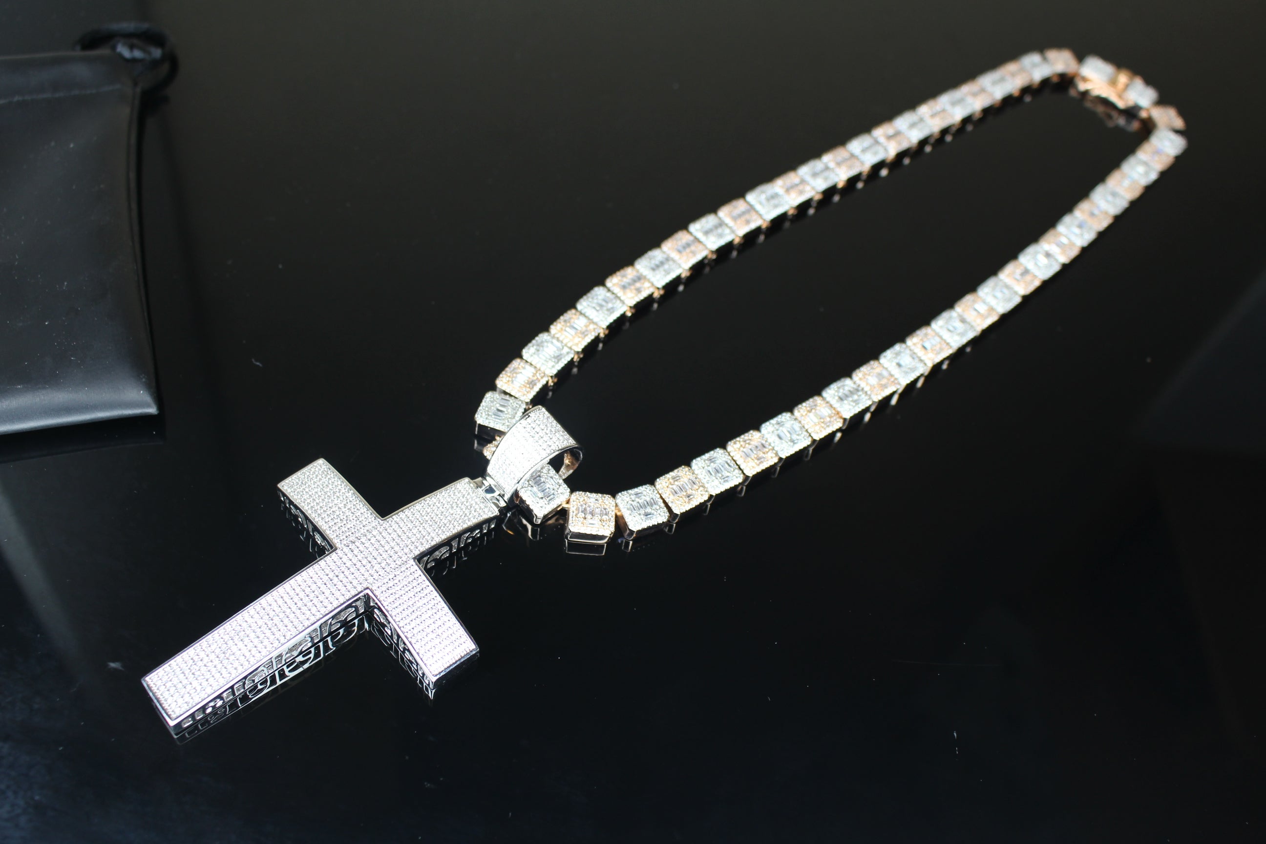 XL Cross Pendant 10mm Baguette Square Cushion-Cut Tennis Chain 144.6ct Lab Sim VVS1 Diamond Necklace - Rose/Silver