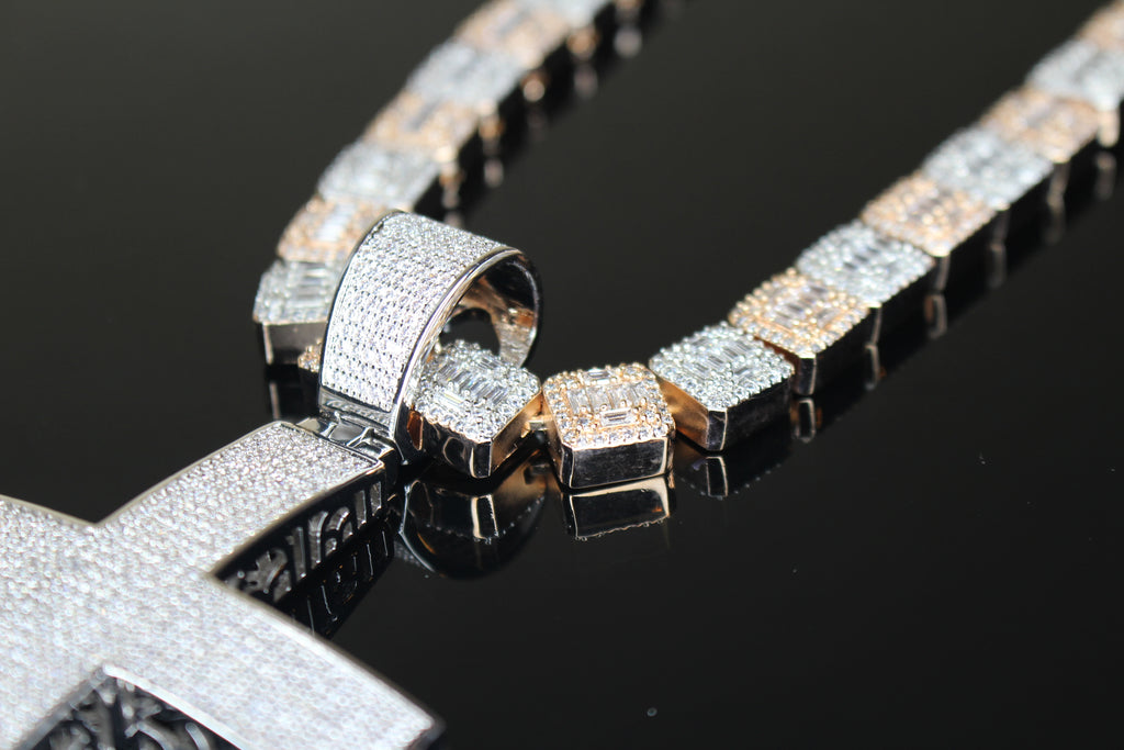 XL Cross Pendant 10mm Baguette Square Cushion-Cut Tennis Chain 144.6ct Lab Sim VVS1 Diamond Necklace - Rose/Silver
