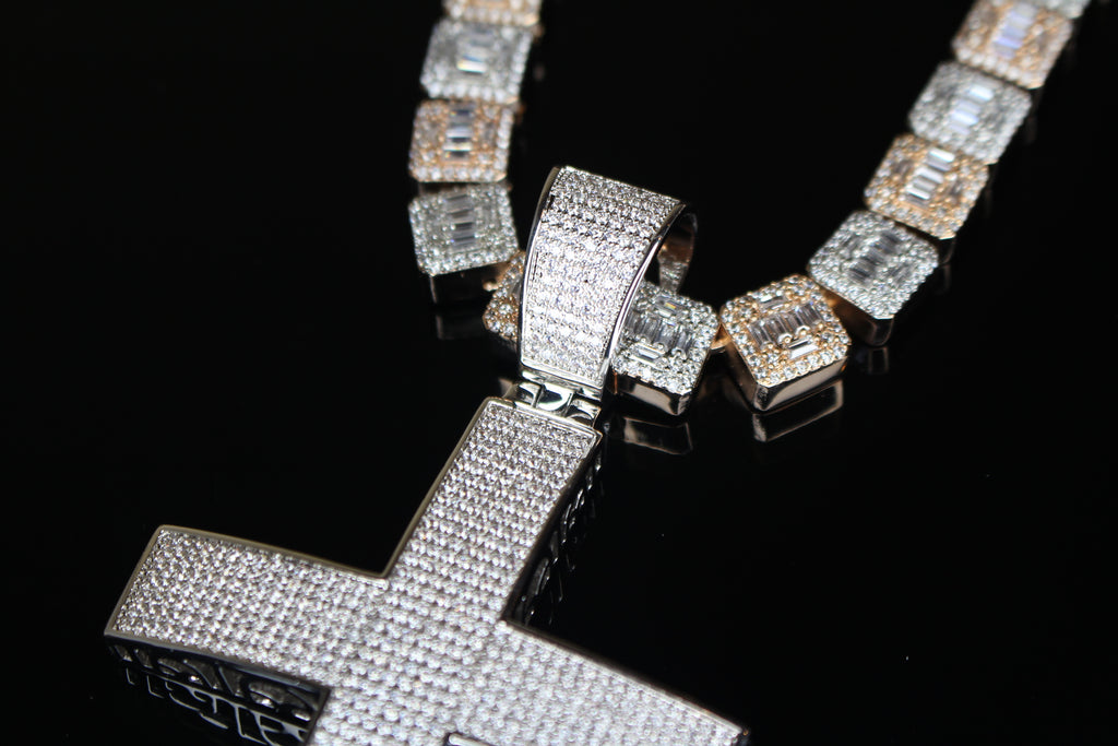 XL Cross Pendant 10mm Baguette Square Cushion-Cut Tennis Chain 144.6ct Lab Sim VVS1 Diamond Necklace - Rose/Silver