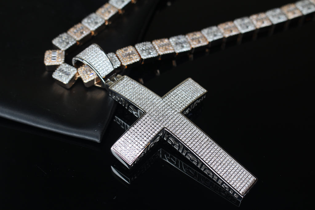 XL Cross Pendant 10mm Baguette Square Cushion-Cut Tennis Chain 144.6ct Lab Sim VVS1 Diamond Necklace - Rose/Silver