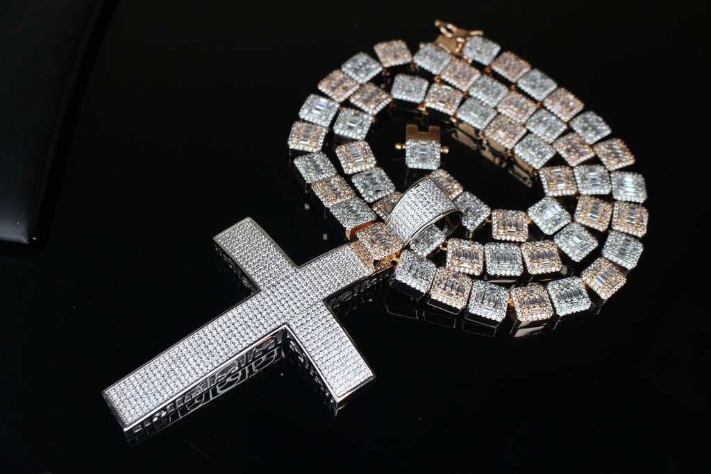 XL Cross Pendant 10mm Baguette Square Cushion-Cut Tennis Chain 144.6ct Lab Sim VVS1 Diamond Necklace - Rose/Silver