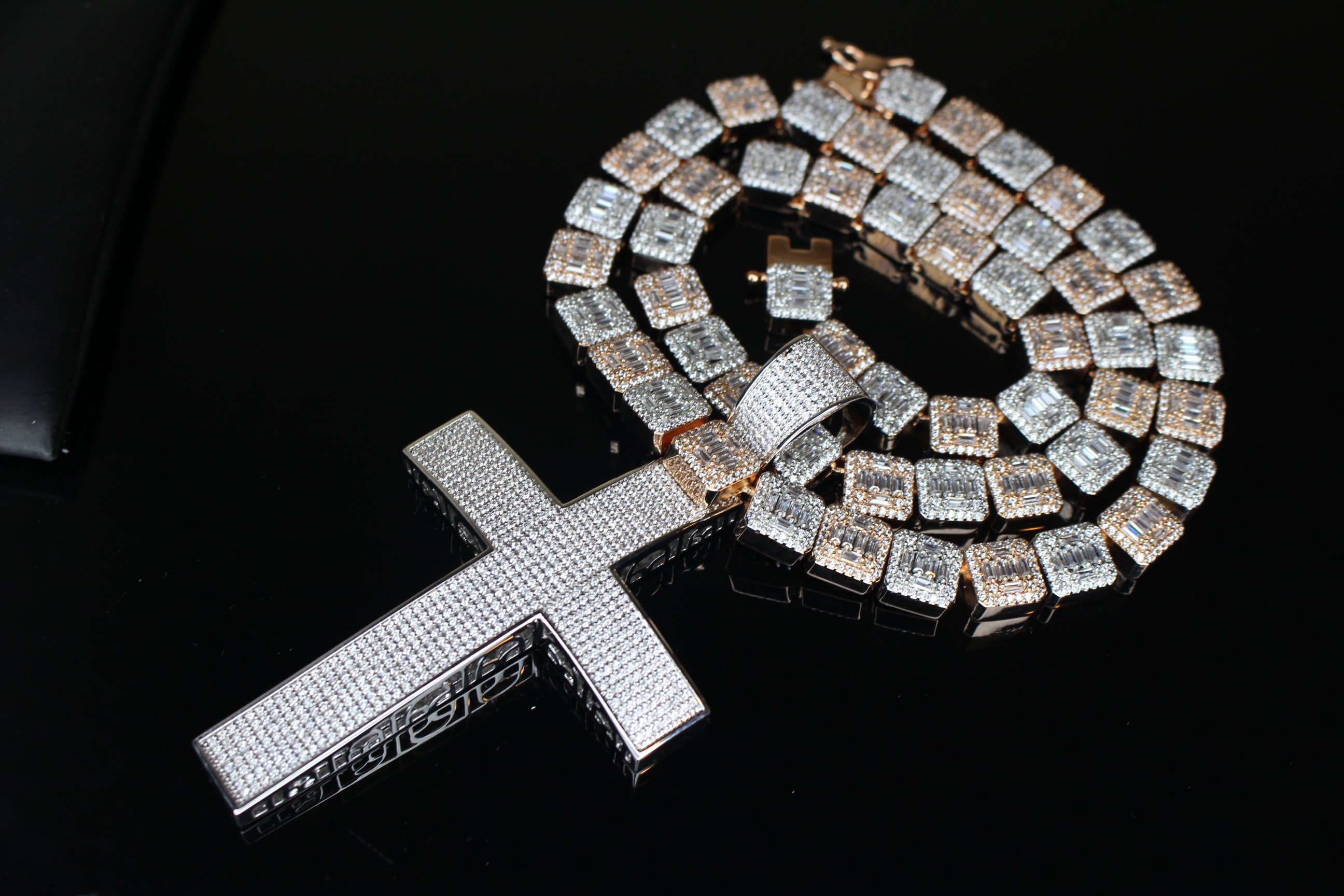 XL Cross Pendant 10mm Baguette Square Cushion-Cut Tennis Chain 144.6ct Lab Sim VVS1 Diamond Necklace - Rose/Silver