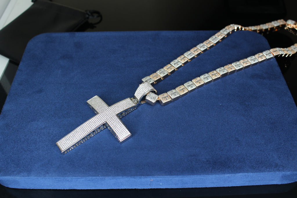 XL Cross Pendant 10mm Baguette Square Cushion-Cut Tennis Chain 144.6ct Lab Sim VVS1 Diamond Necklace - Rose/Silver