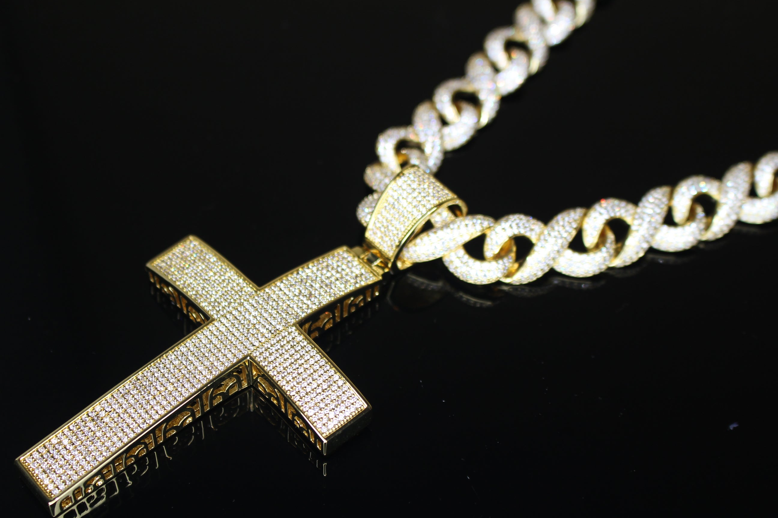 XL Cross Pendant 14mm INFINITY 75.6ct Lab Sim VVS1 Diamond Necklace GOLD