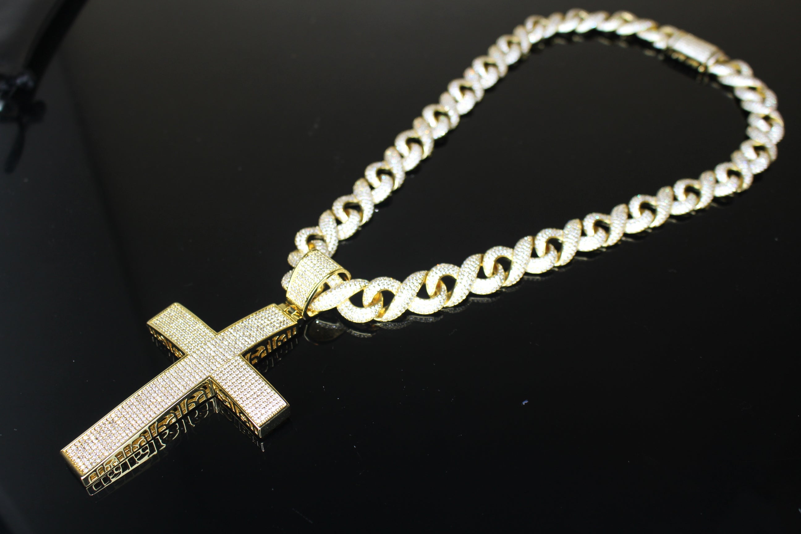 XL Cross Pendant 14mm INFINITY 75.6ct Lab Sim VVS1 Diamond Necklace GOLD