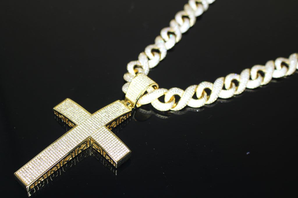 XL Cross Pendant 14mm INFINITY 75.6ct Lab Sim VVS1 Diamond Necklace GOLD
