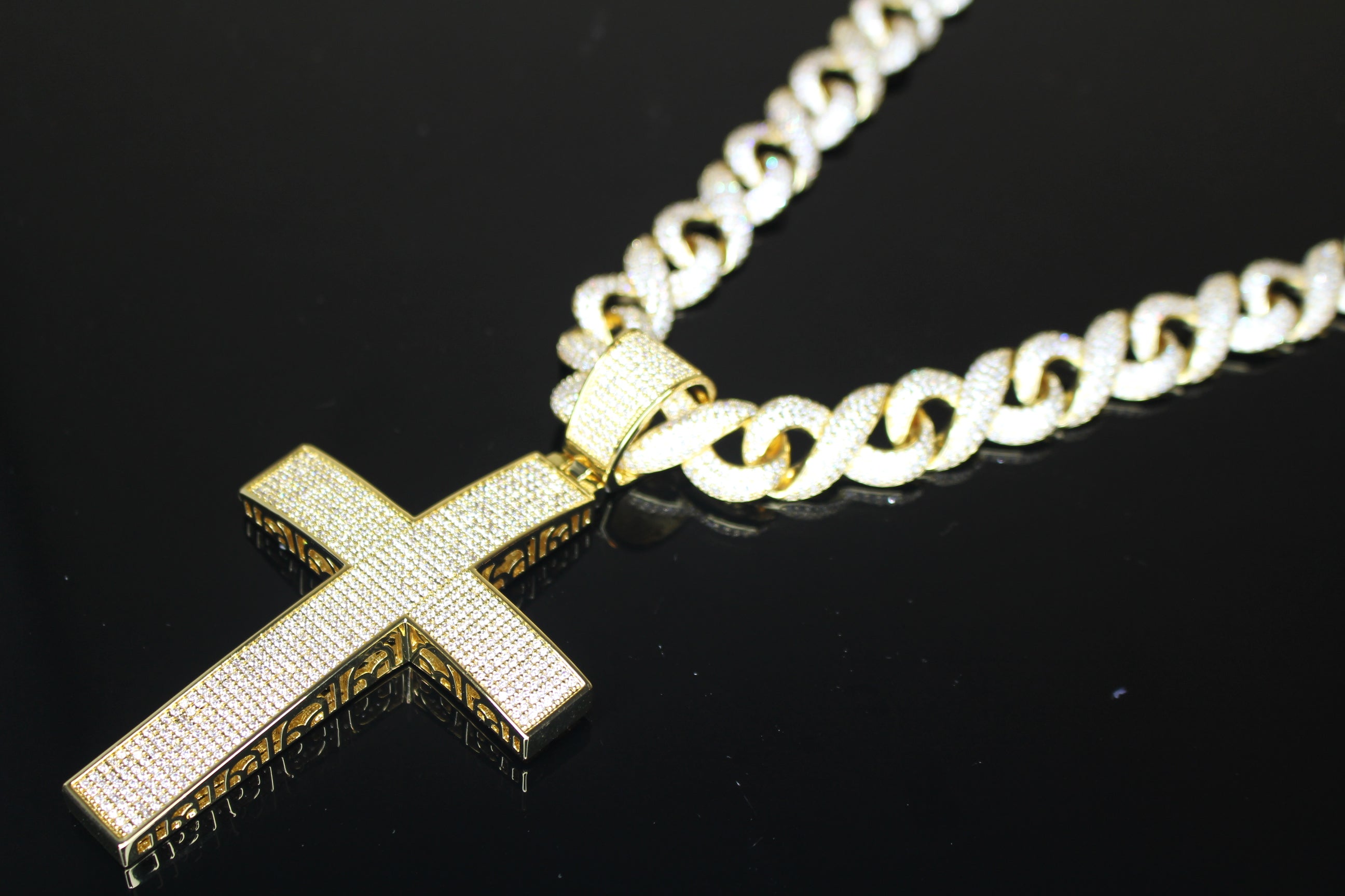 XL Cross Pendant 14mm INFINITY 75.6ct Lab Sim VVS1 Diamond Necklace GOLD