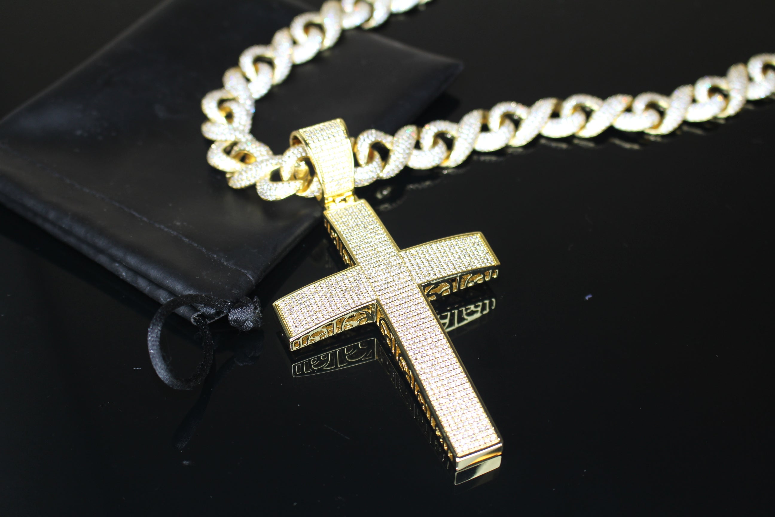 XL Cross Pendant 14mm INFINITY 75.6ct Lab Sim VVS1 Diamond Necklace GOLD