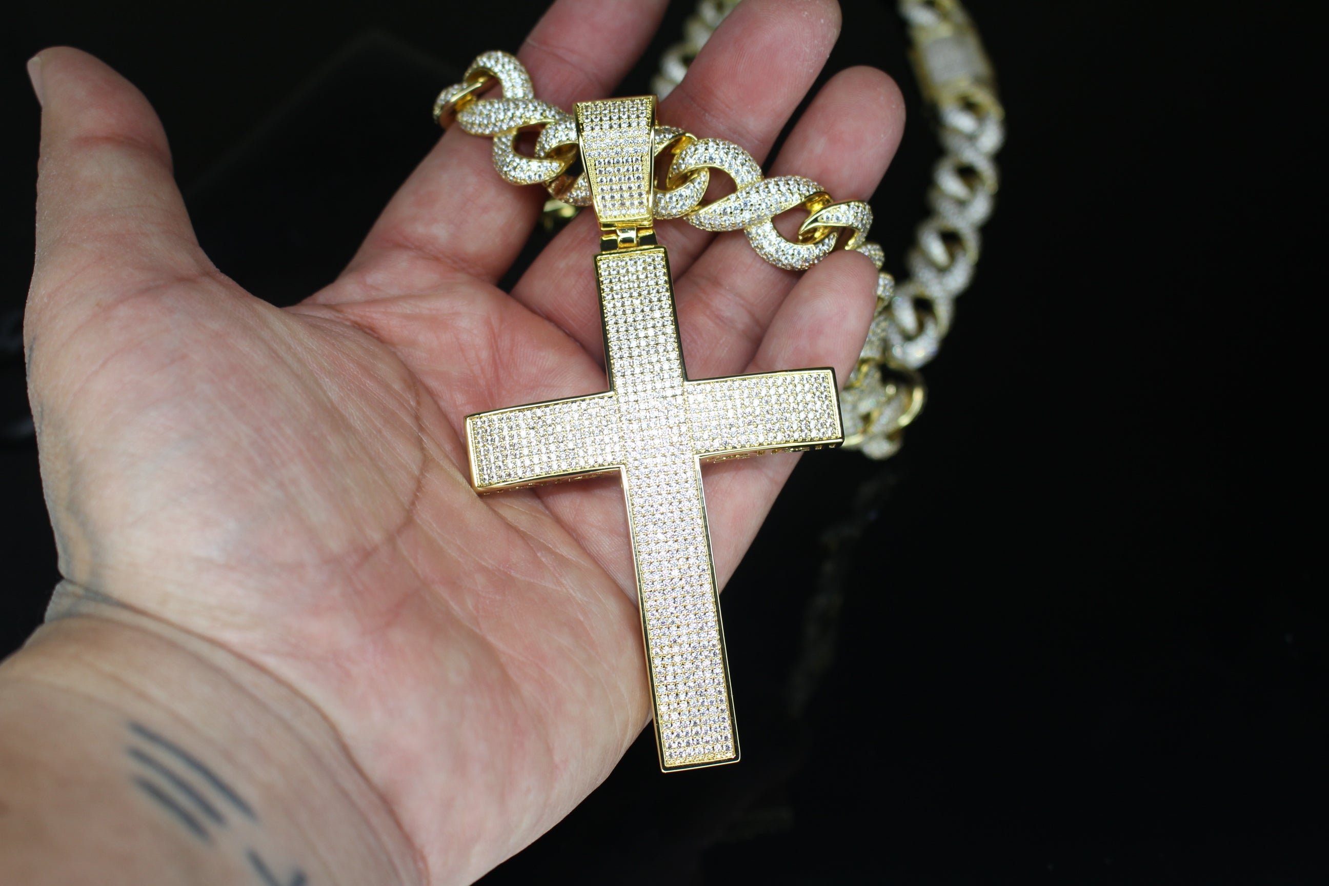 XL Cross Pendant 14mm INFINITY 75.6ct Lab Sim VVS1 Diamond Necklace GOLD