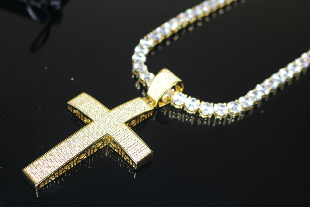 XL Cross Pendant 8mm MASSIVE XXL Tennis Chain 152ct Lab Sim VVS1 Diamond Necklace GOLD