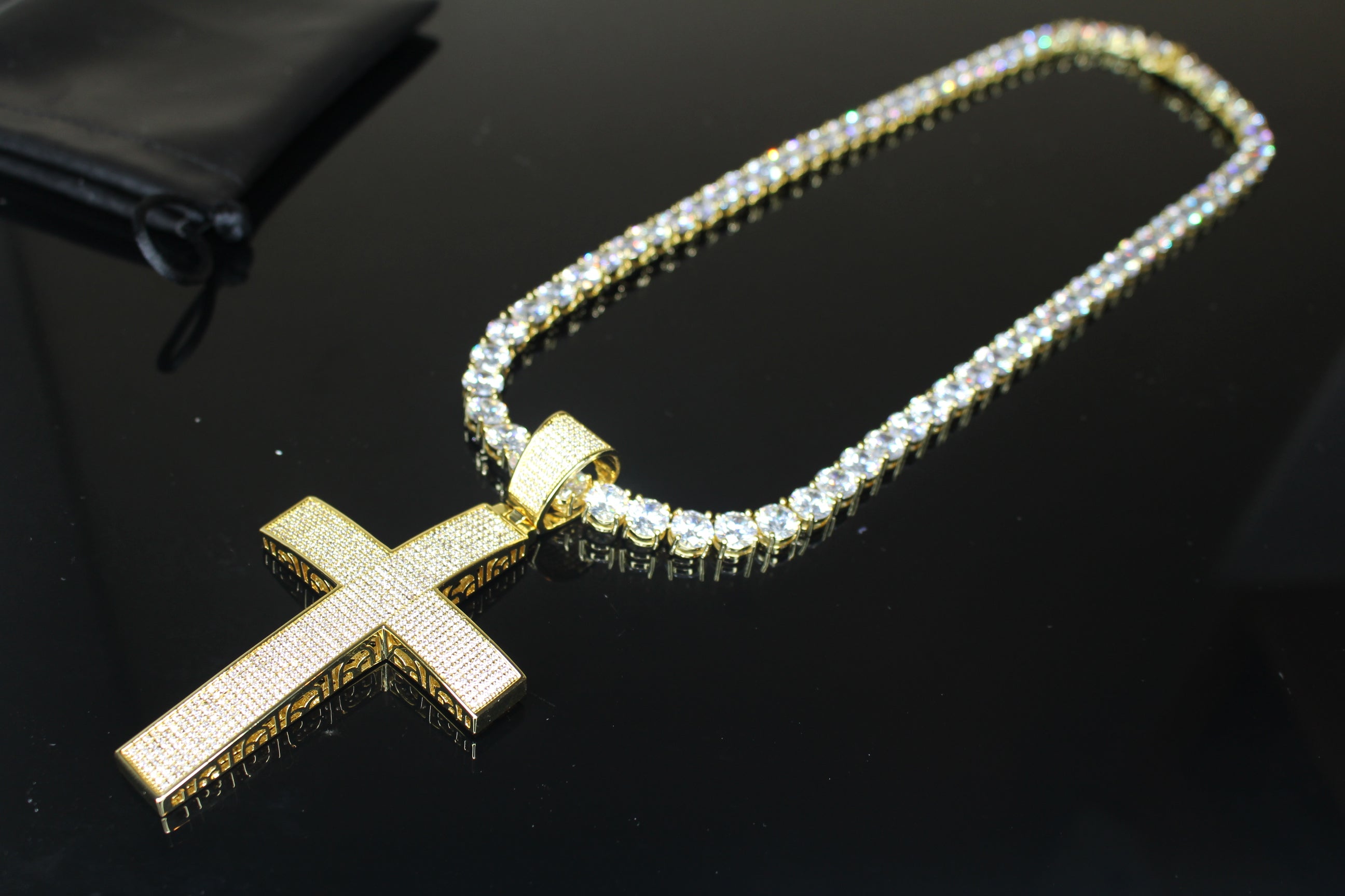 XL Cross Pendant 8mm MASSIVE XXL Tennis Chain 152ct Lab Sim VVS1 Diamond Necklace GOLD