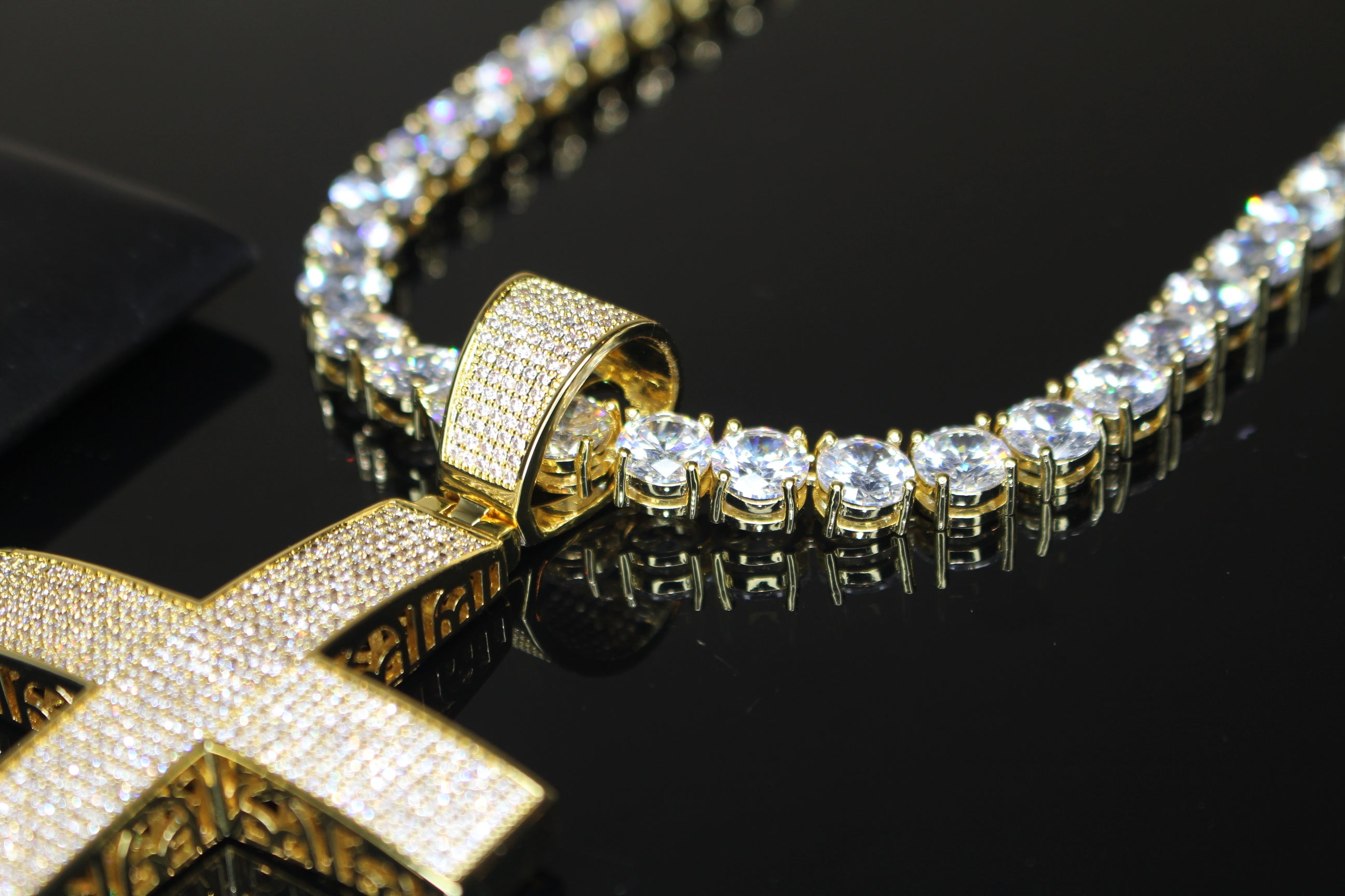 XL Cross Pendant 8mm MASSIVE XXL Tennis Chain 152ct Lab Sim VVS1 Diamond Necklace GOLD