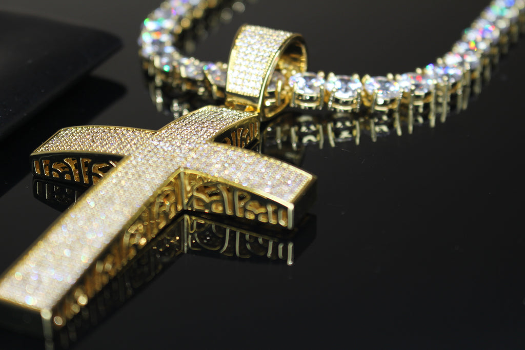 XL Cross Pendant 8mm MASSIVE XXL Tennis Chain 152ct Lab Sim VVS1 Diamond Necklace GOLD