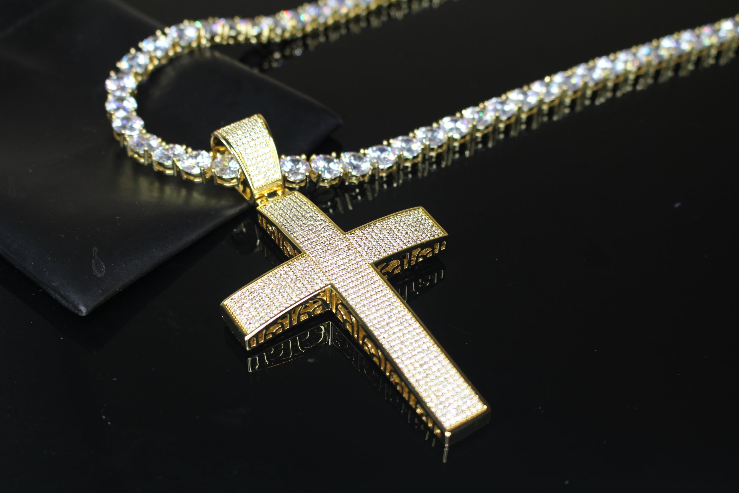 XL Cross Pendant 8mm MASSIVE XXL Tennis Chain 152ct Lab Sim VVS1 Diamond Necklace GOLD