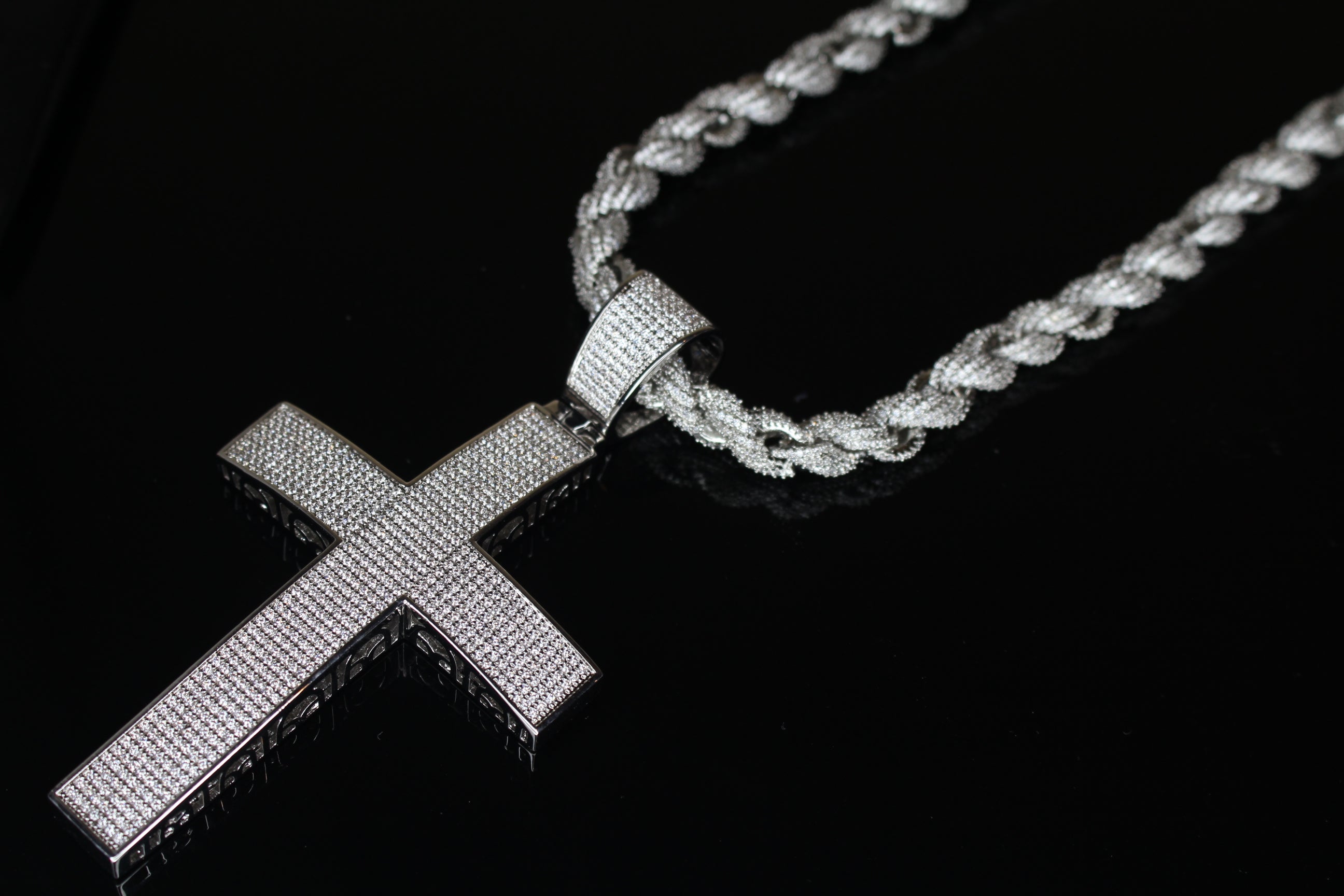 XL Cross Pendant 8mm Rope 75.8ct Lab Sim VVS1 Diamond Necklace
