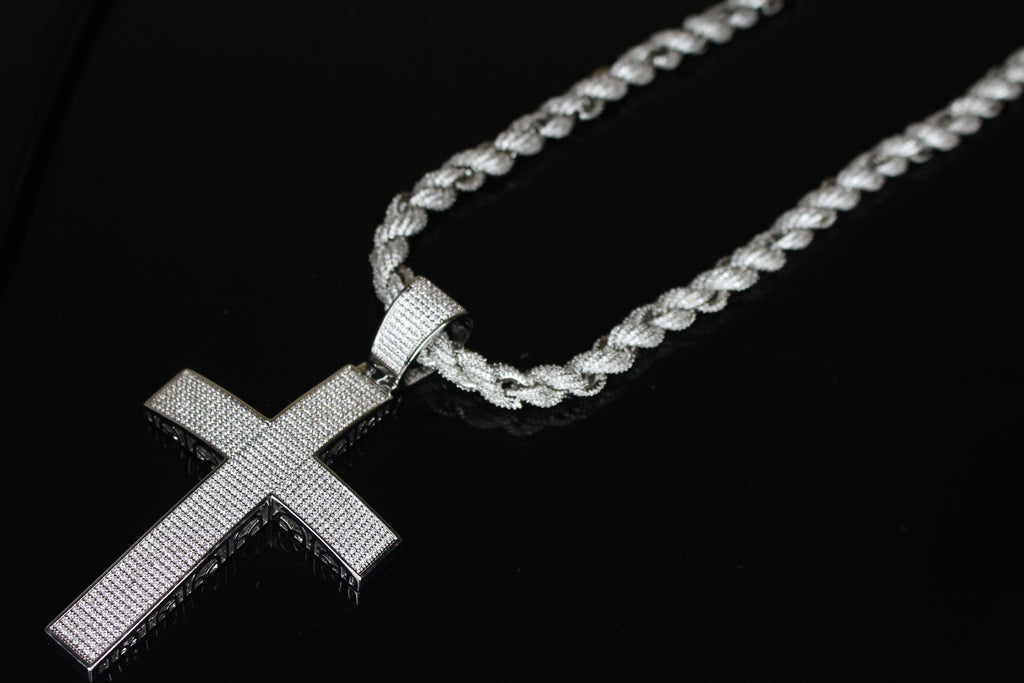 XL Cross Pendant 8mm Rope 75.8ct Lab Sim VVS1 Diamond Necklace