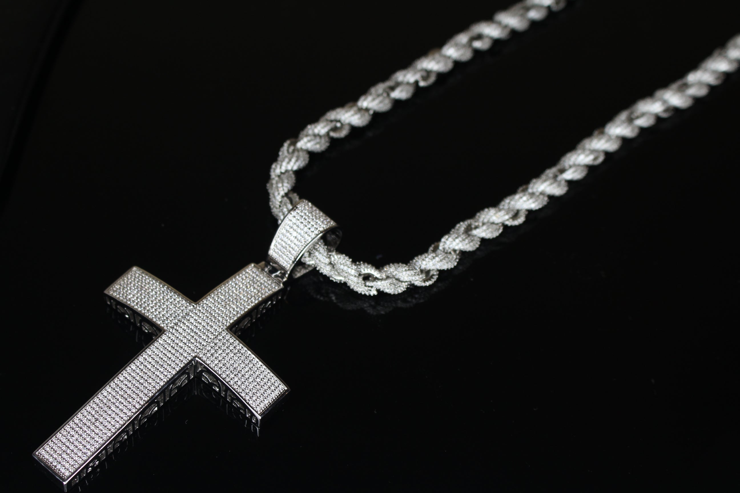 XL Cross Pendant 8mm Rope 75.8ct Lab Sim VVS1 Diamond Necklace