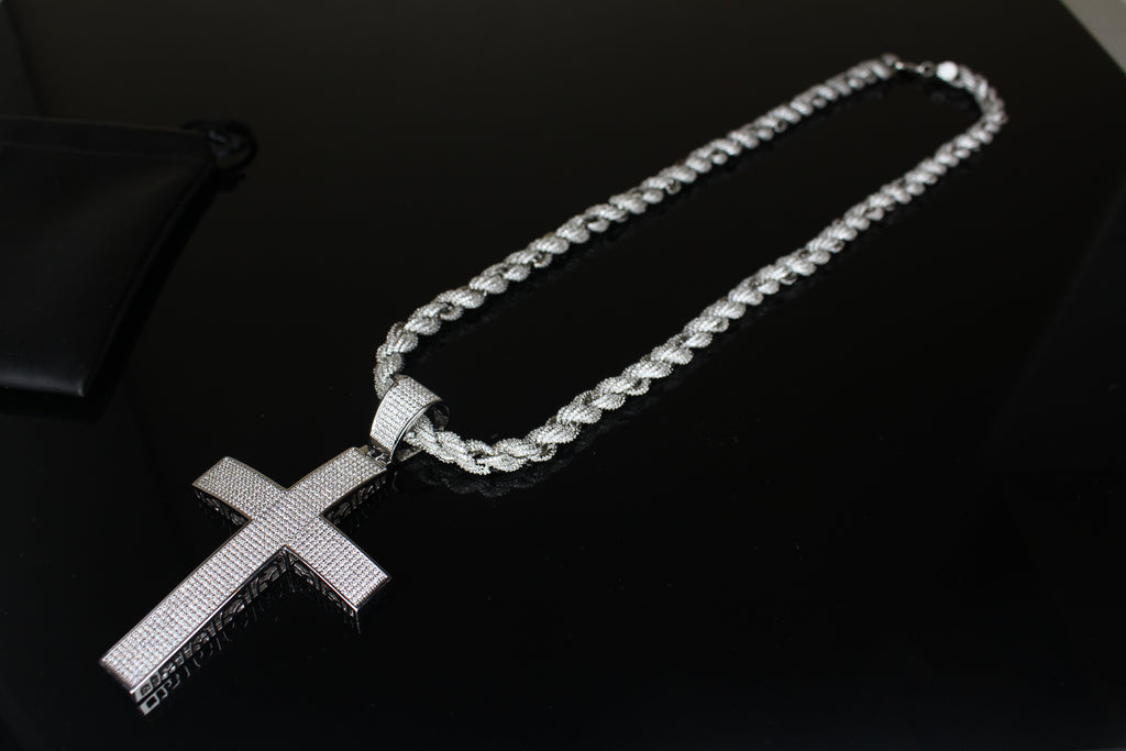 XL Cross Pendant 8mm Rope 75.8ct Lab Sim VVS1 Diamond Necklace
