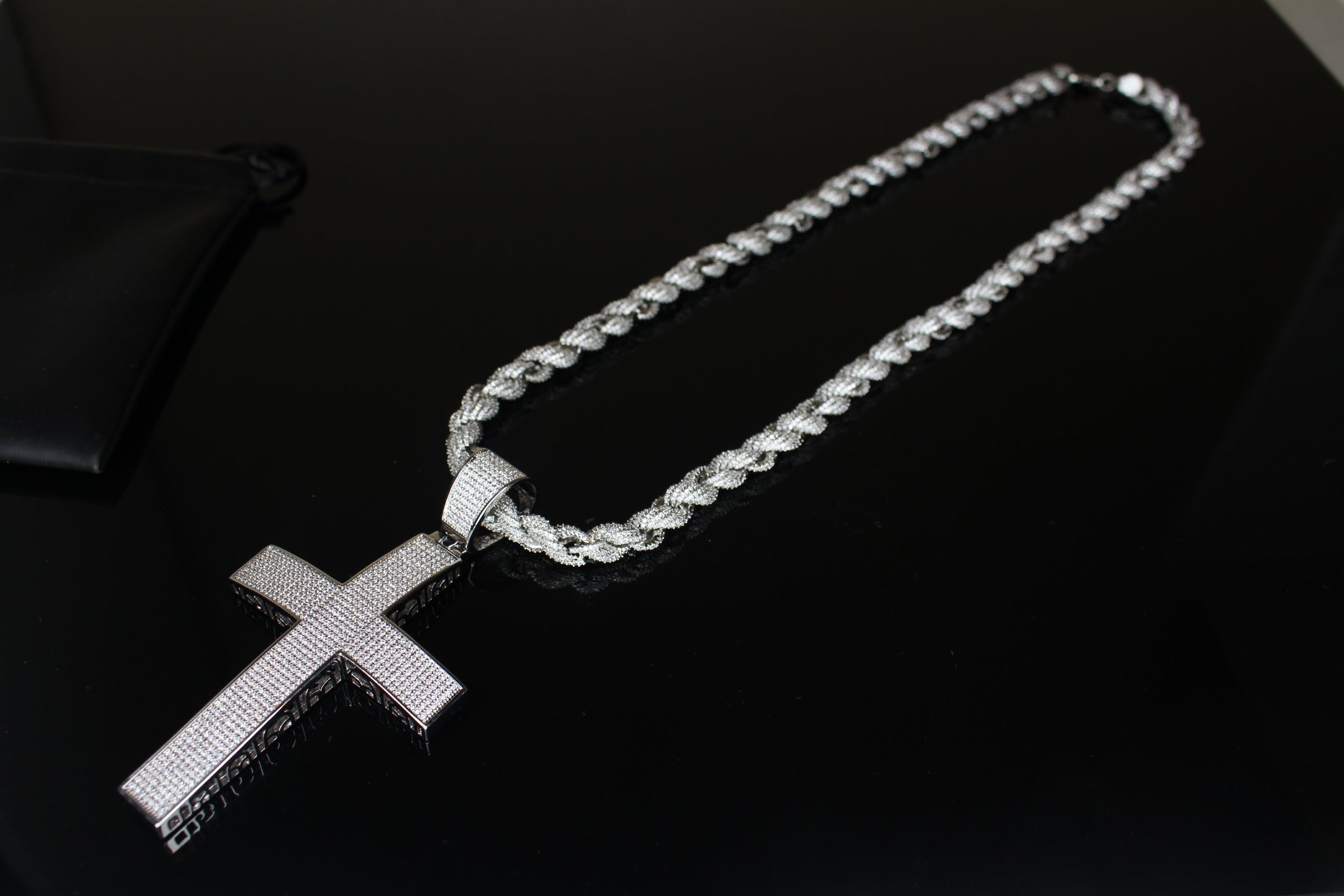 XL Cross Pendant 8mm Rope 75.8ct Lab Sim VVS1 Diamond Necklace