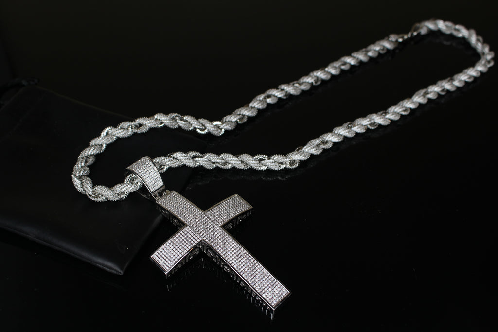 XL Cross Pendant 8mm Rope 75.8ct Lab Sim VVS1 Diamond Necklace