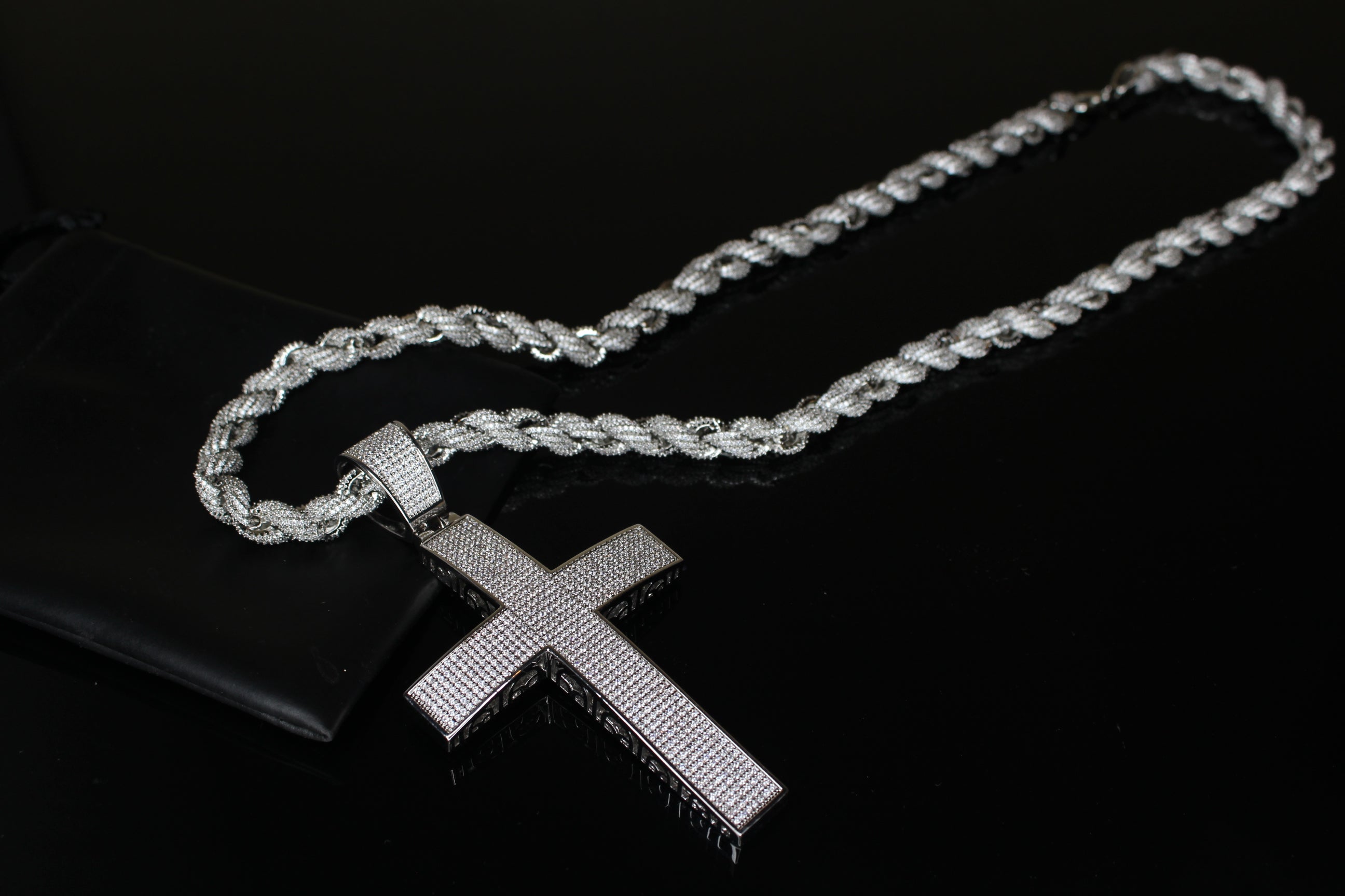 XL Cross Pendant 8mm Rope 75.8ct Lab Sim VVS1 Diamond Necklace
