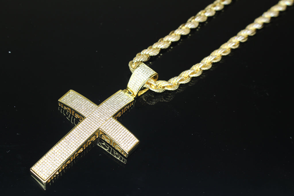 XL Cross Pendant 8mm Rope 75.8ct Lab Sim VVS1 Diamond Necklace - GOLD