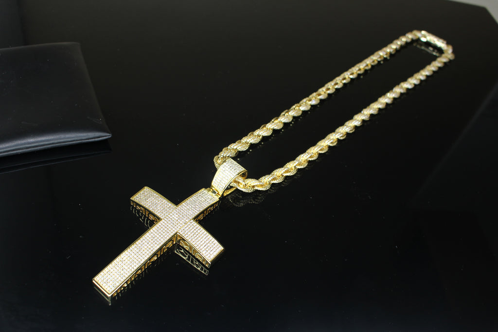 XL Cross Pendant 8mm Rope 75.8ct Lab Sim VVS1 Diamond Necklace - GOLD