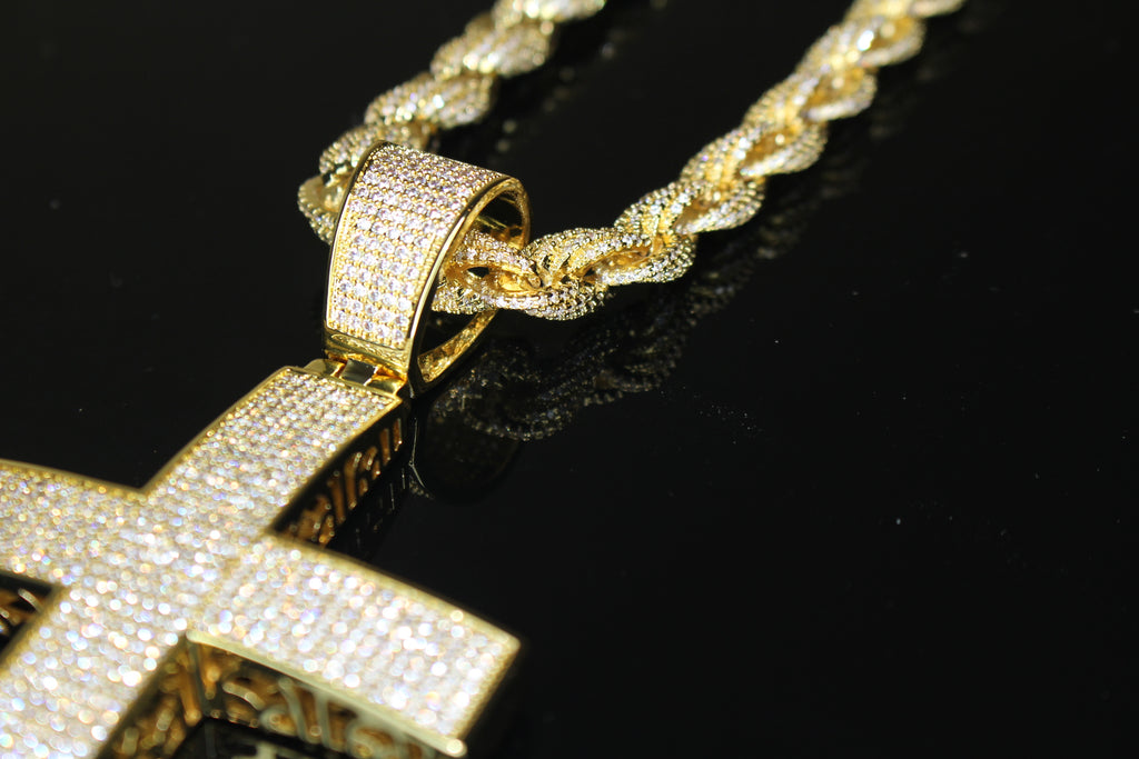 XL Cross Pendant 8mm Rope 75.8ct Lab Sim VVS1 Diamond Necklace - GOLD