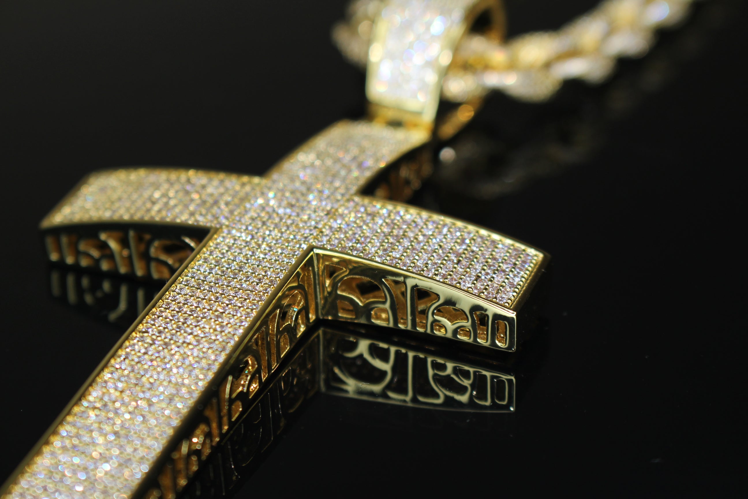 XL Cross Pendant 8mm Rope 75.8ct Lab Sim VVS1 Diamond Necklace - GOLD