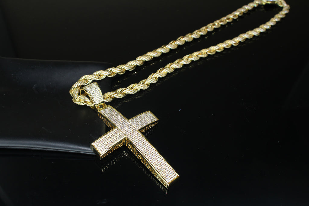 XL Cross Pendant 8mm Rope 75.8ct Lab Sim VVS1 Diamond Necklace - GOLD