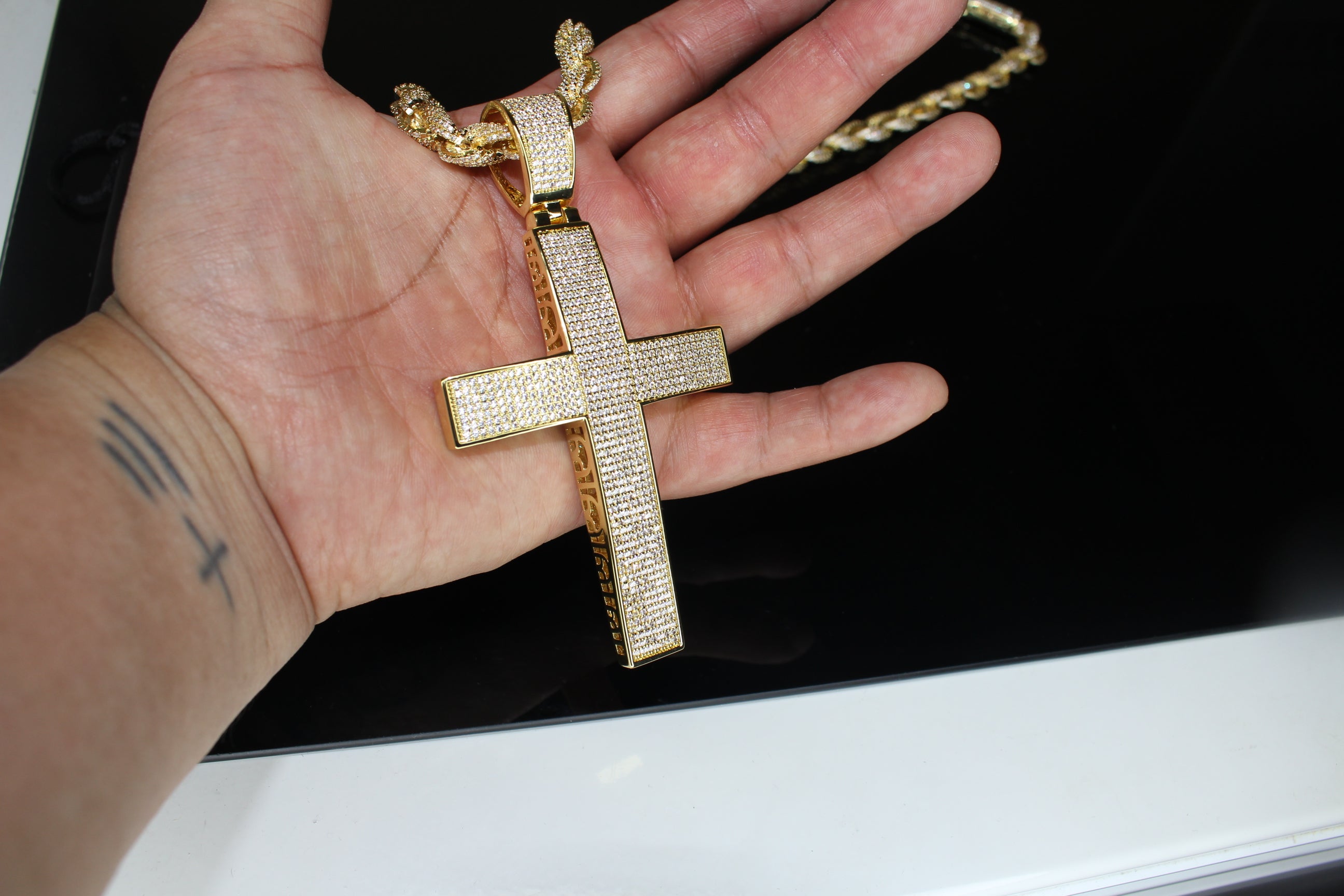 XL Cross Pendant 8mm Rope 75.8ct Lab Sim VVS1 Diamond Necklace - GOLD