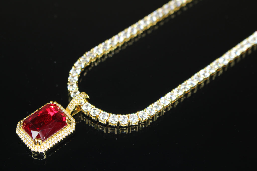 4mm Ruby Red Tennis Chain Necklace 75ct Lab Sim Diamond Pendant - GOLD