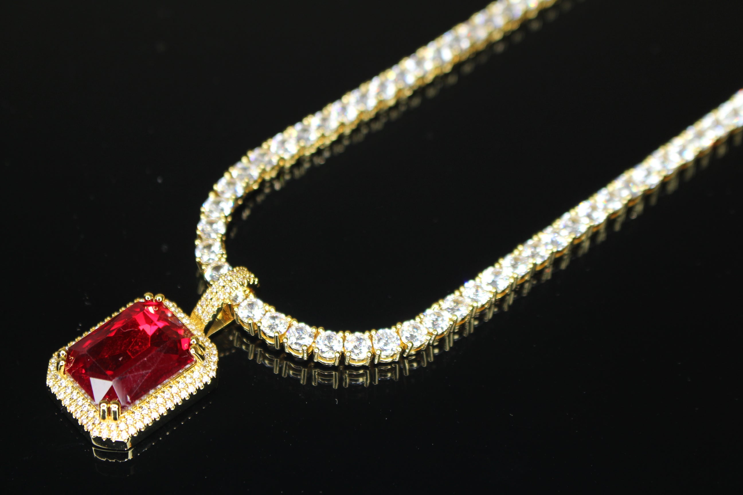 4mm Ruby Red Tennis Chain Necklace 75ct Lab Sim Diamond Pendant - GOLD