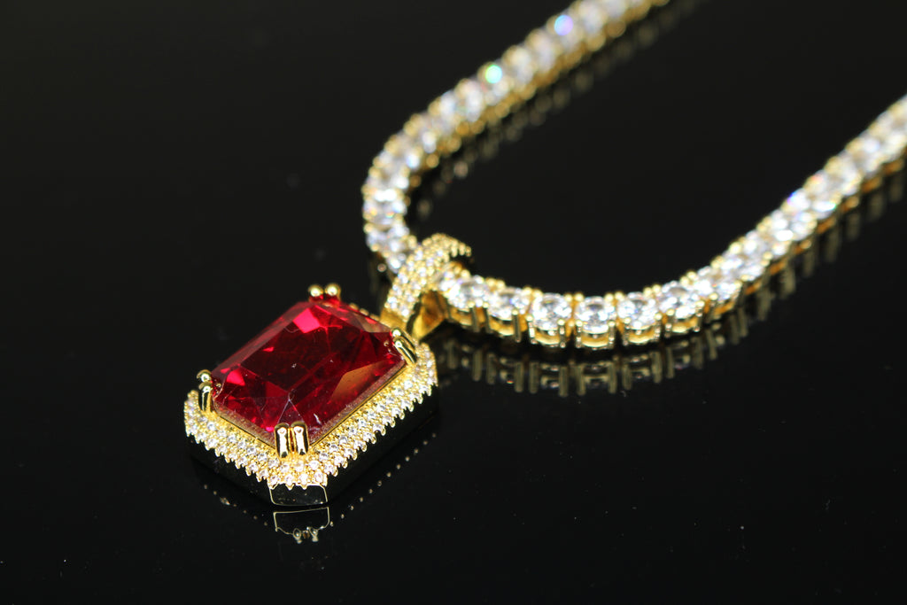 4mm Ruby Red Tennis Chain Necklace 75ct Lab Sim Diamond Pendant - GOLD