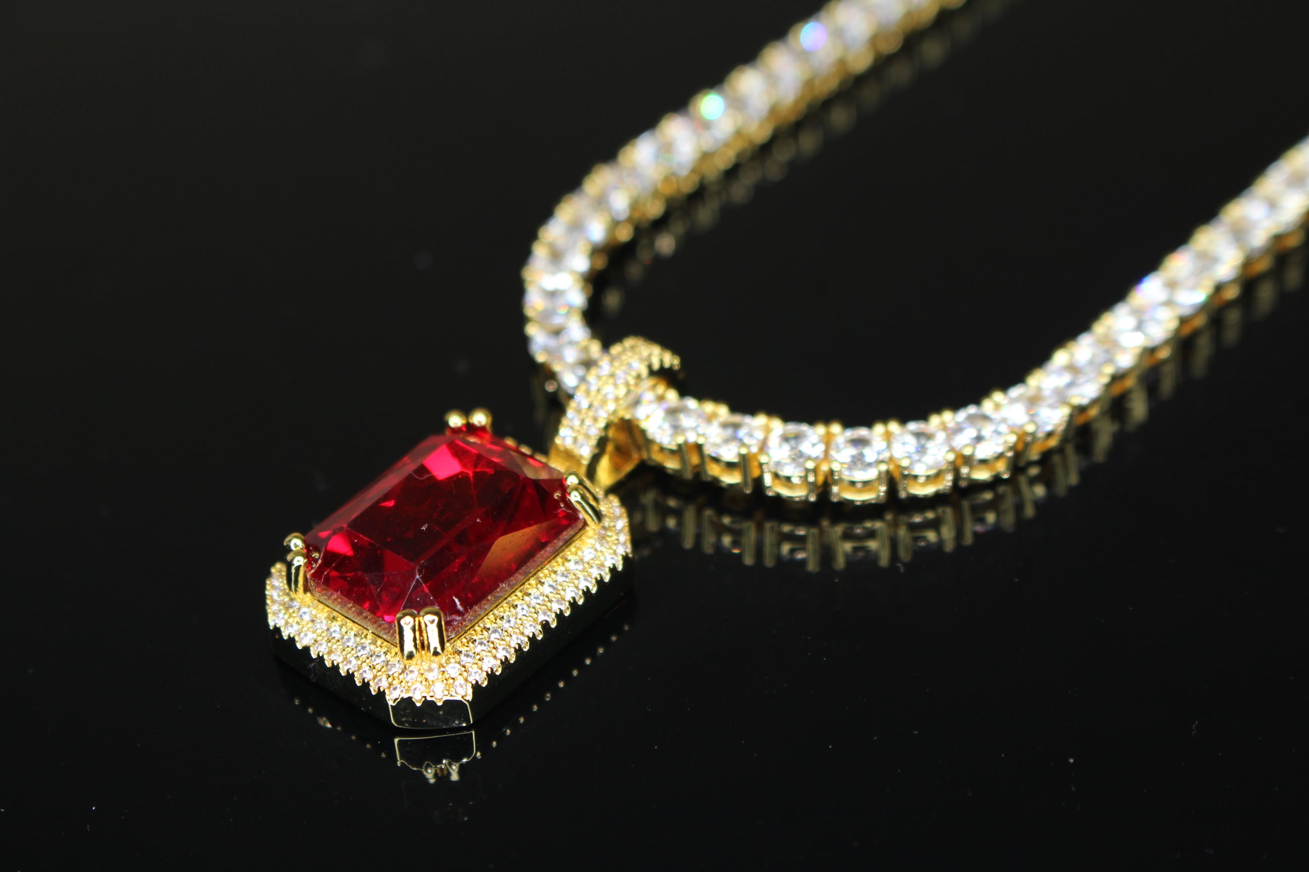 4mm Ruby Red Tennis Chain Necklace 75ct Lab Sim Diamond Pendant - GOLD