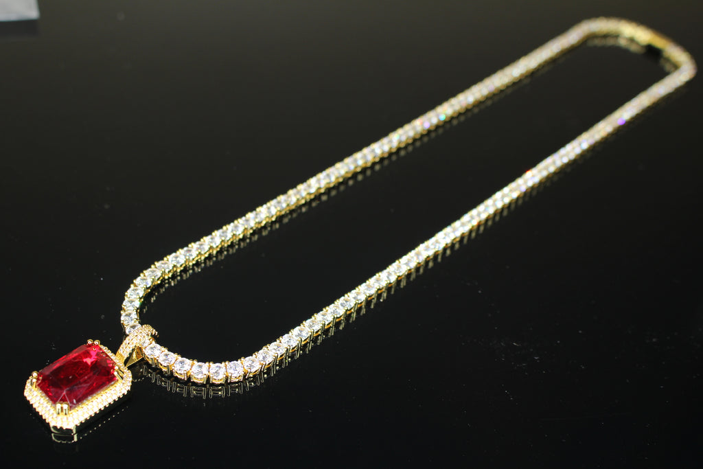 4mm Ruby Red Tennis Chain Necklace 75ct Lab Sim Diamond Pendant - GOLD