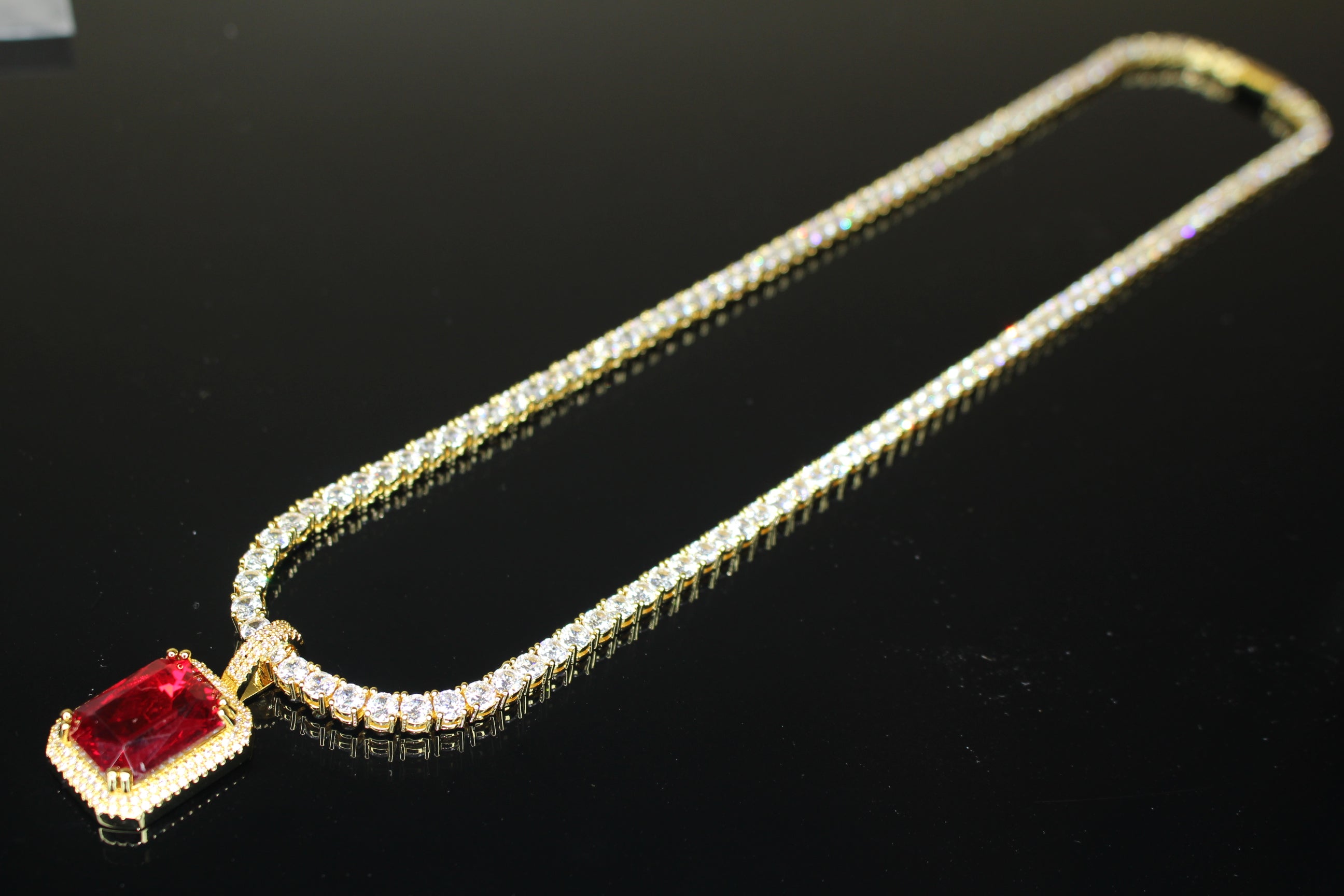 4mm Ruby Red Tennis Chain Necklace 75ct Lab Sim Diamond Pendant - GOLD