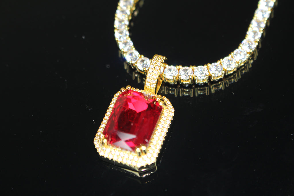 4mm Ruby Red Tennis Chain Necklace 75ct Lab Sim Diamond Pendant - GOLD