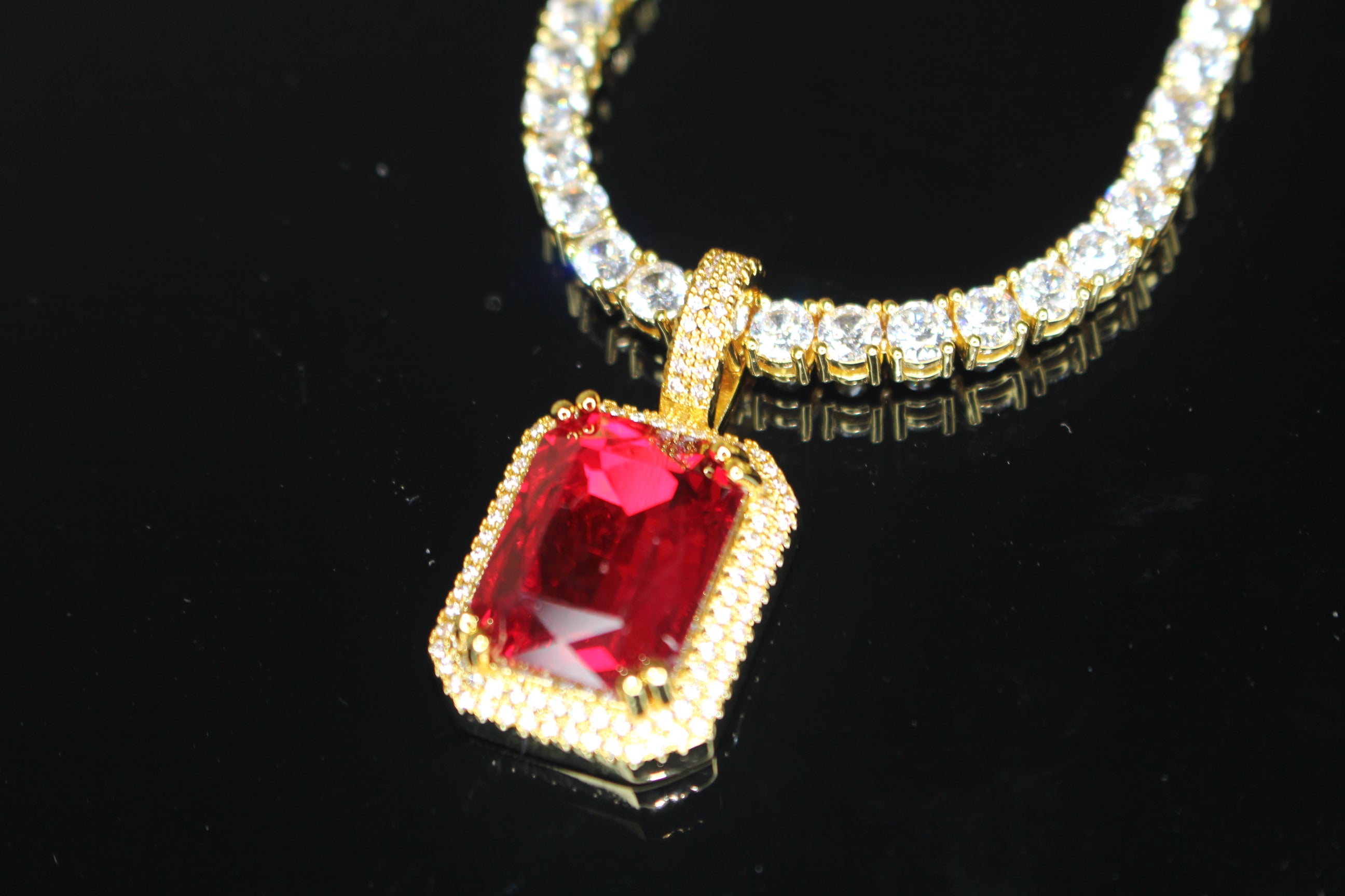 4mm Ruby Red Tennis Chain Necklace 75ct Lab Sim Diamond Pendant - GOLD