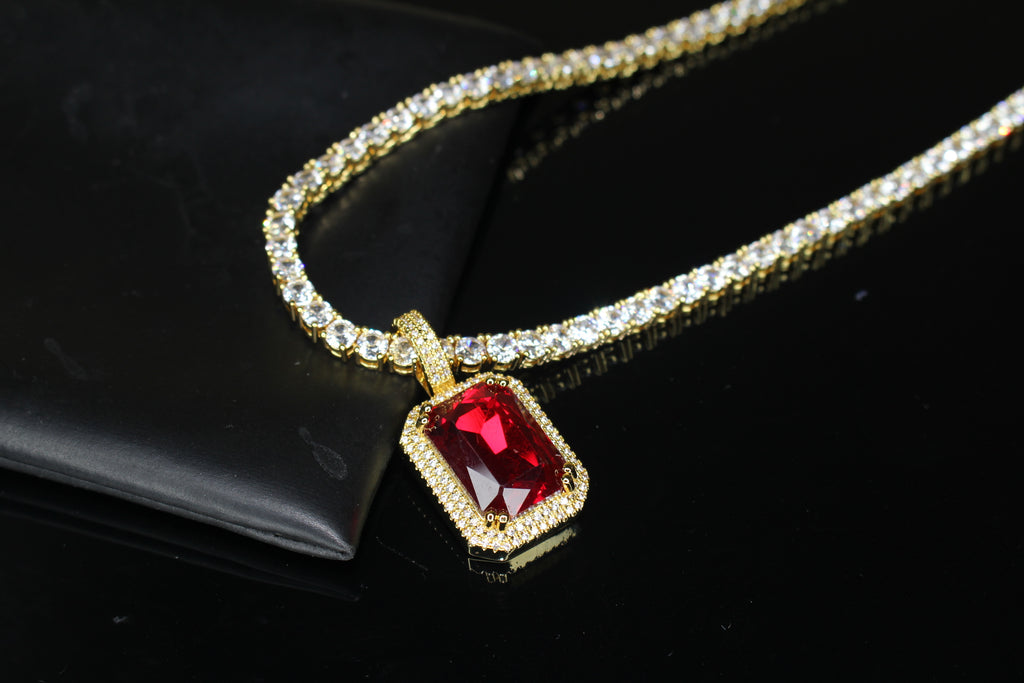4mm Ruby Red Tennis Chain Necklace 75ct Lab Sim Diamond Pendant - GOLD