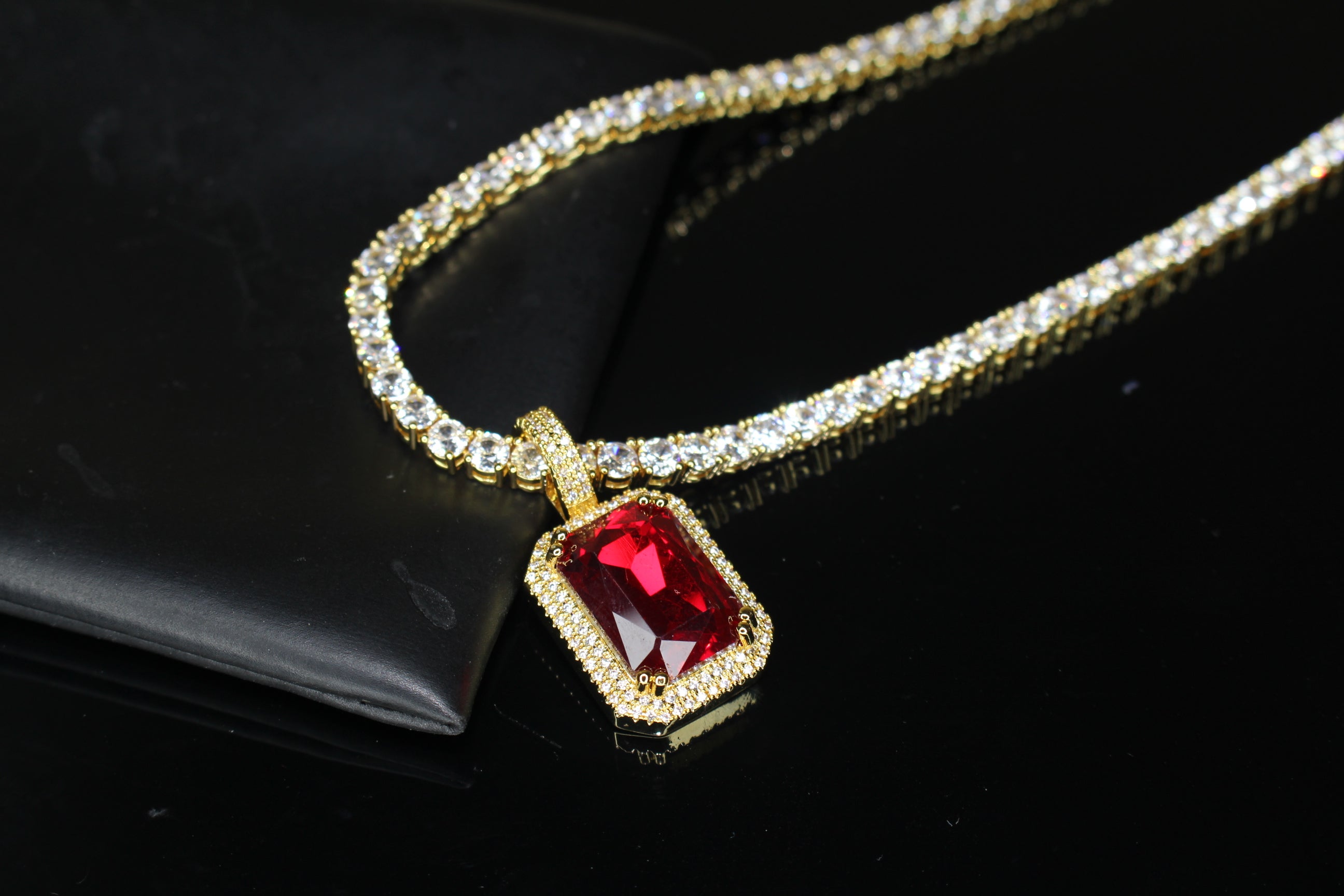 4mm Ruby Red Tennis Chain Necklace 75ct Lab Sim Diamond Pendant - GOLD