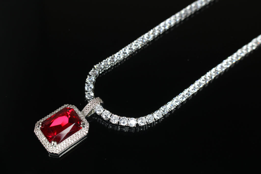 4mm Ruby Red Tennis Chain Necklace 75ct Lab Sim Diamond Pendant