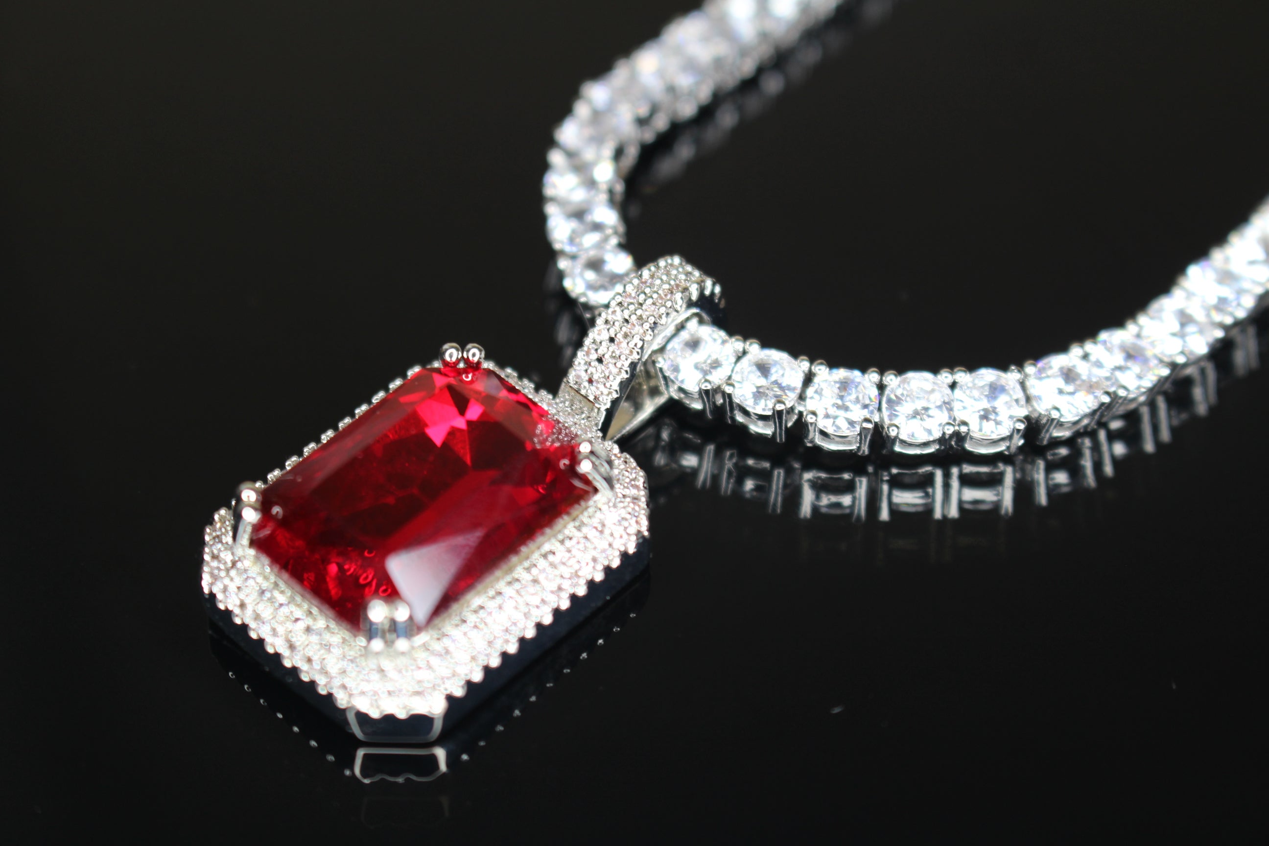 4mm Ruby Red Tennis Chain Necklace 75ct Lab Sim Diamond Pendant