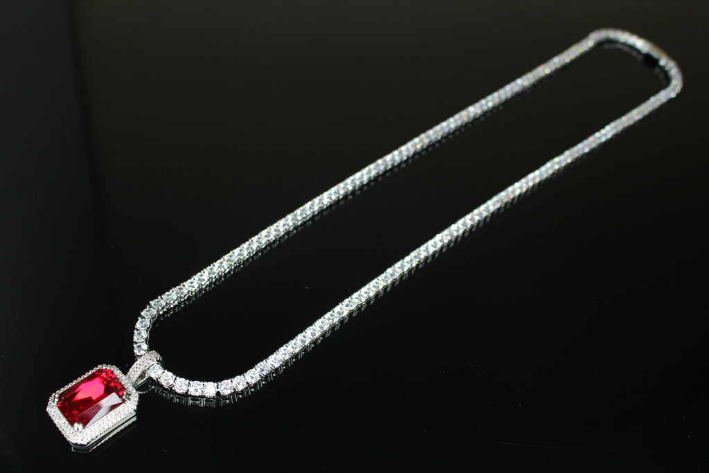 4mm Ruby Red Tennis Chain Necklace 75ct Lab Sim Diamond Pendant