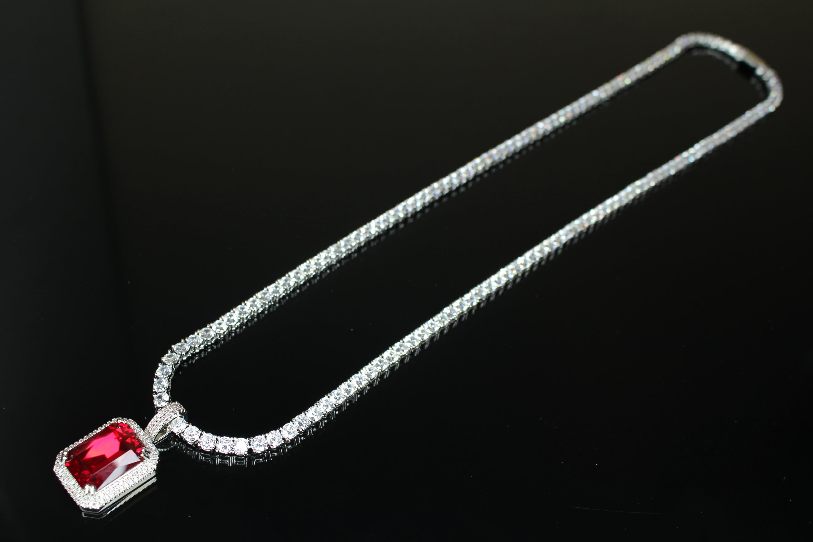 4mm Ruby Red Tennis Chain Necklace 75ct Lab Sim Diamond Pendant