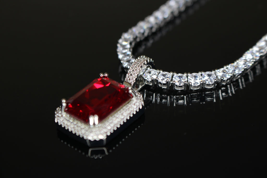 4mm Ruby Red Tennis Chain Necklace 75ct Lab Sim Diamond Pendant